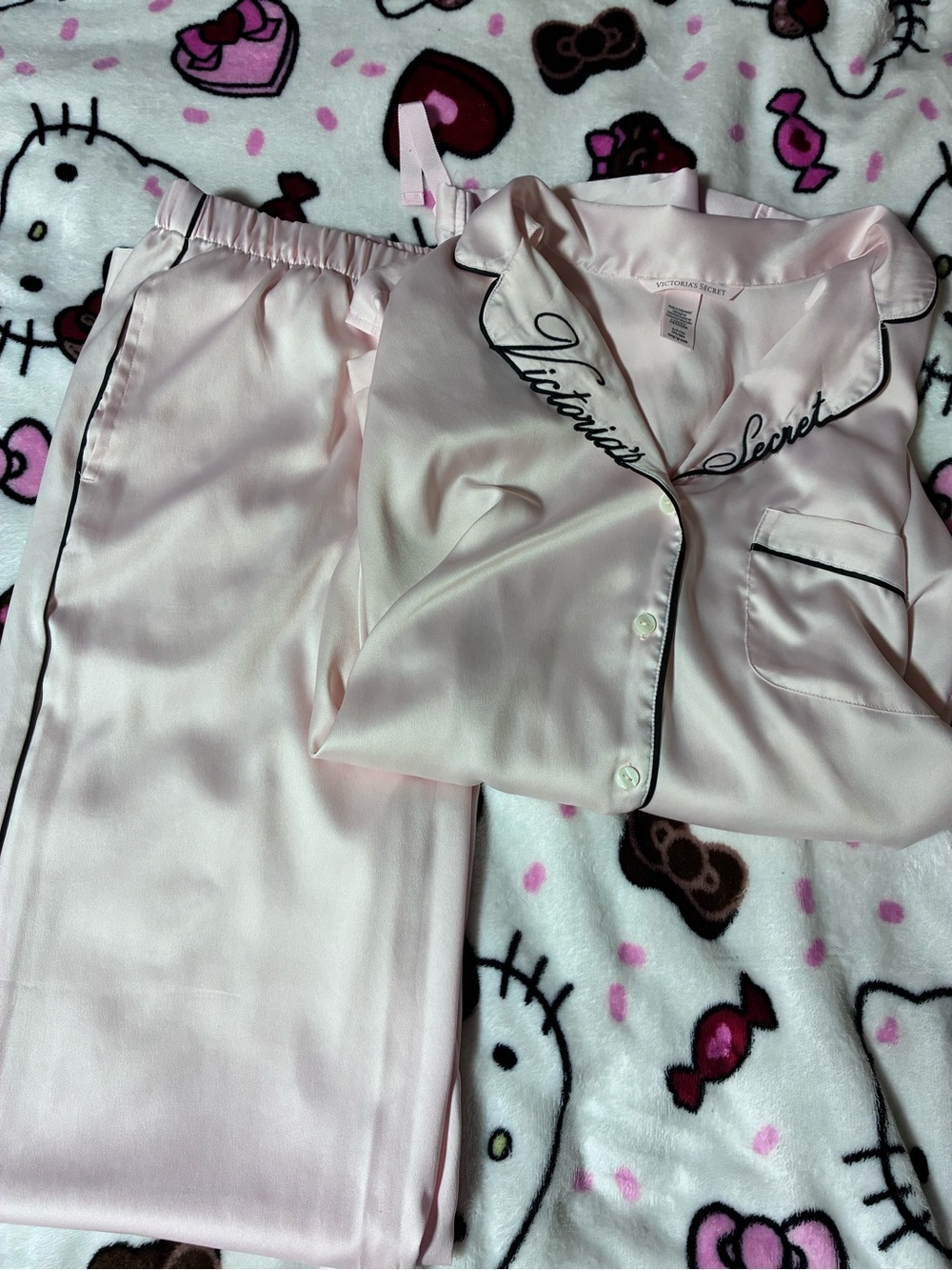 Victoria's Secret Pale Pink Satin Pajama Set with Black Trim